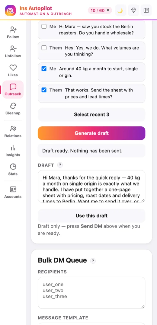 AI Draft with editable message text for review. Sample data.