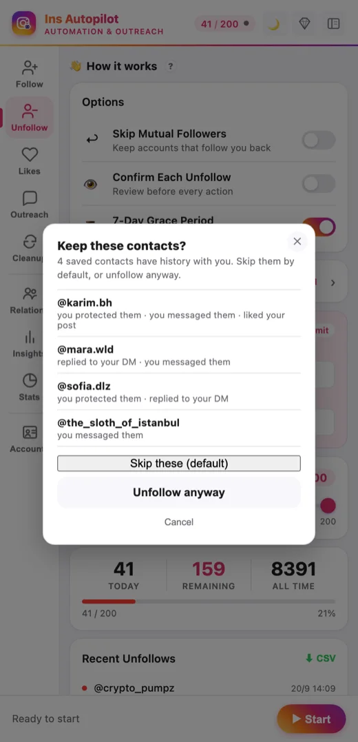 Relationship Guard for reviewing important contacts. Sample data.